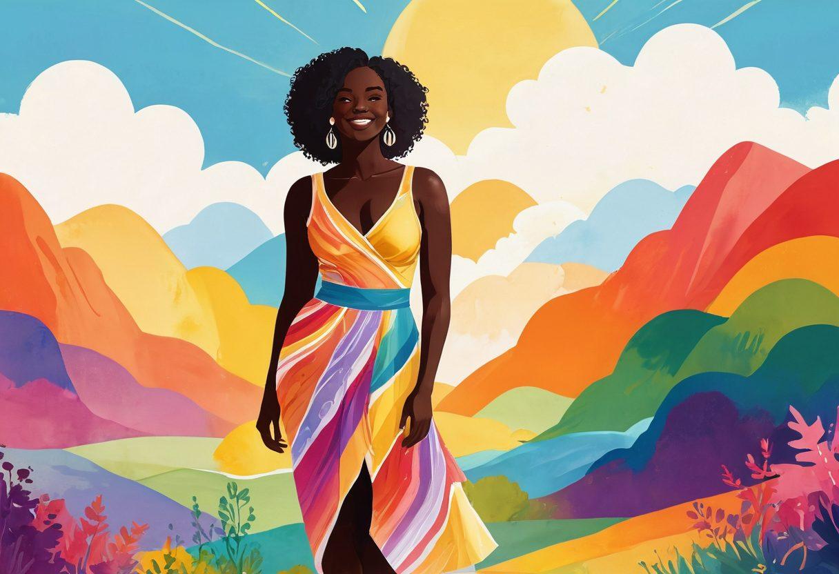 A confident person standing tall in a variety of colorful outfits, surrounded by positive affirmations and embracing their unique body shape. Soft, radiant light illuminates the scene, reflecting self-love and acceptance. Incorporate diverse body types and expressions of joy. The background features a vibrant, sunny landscape symbolizing growth and positivity. luminous colors. inspirational. modern illustration.