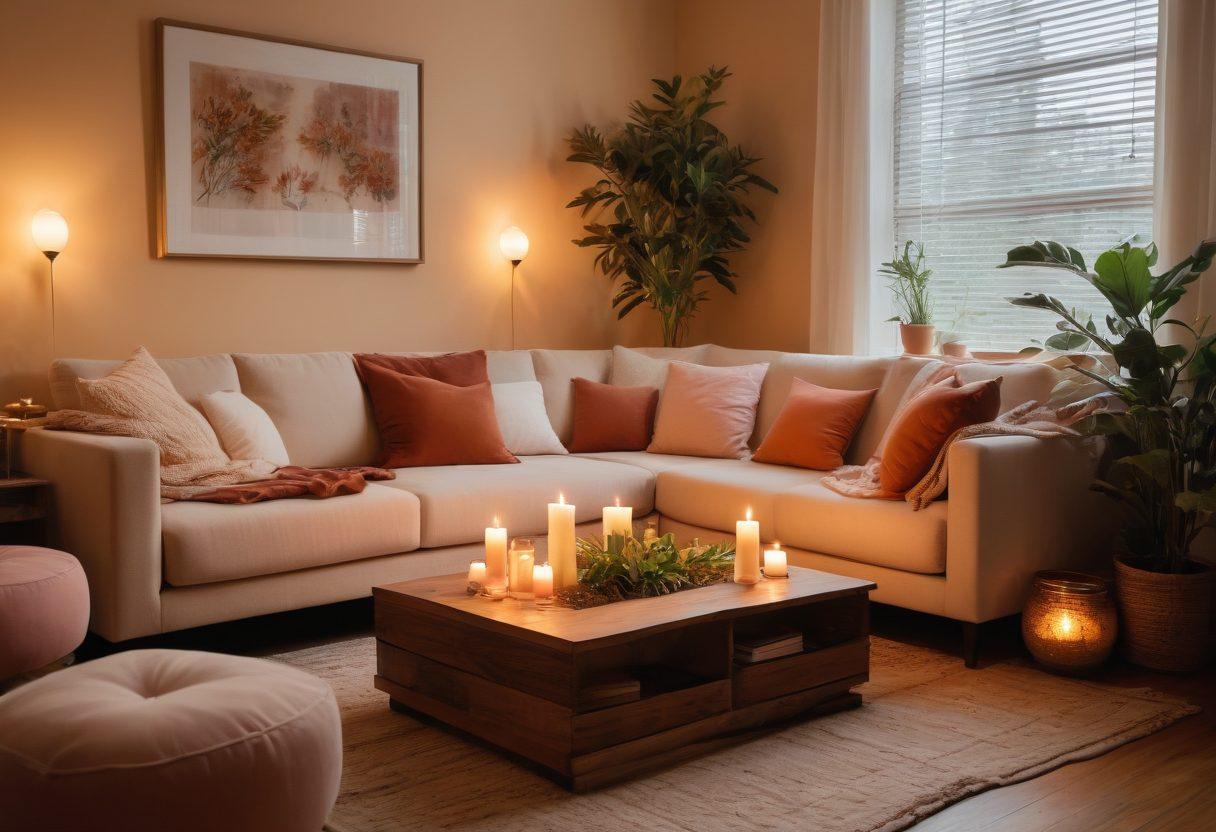 A serene, inviting space featuring a diverse group of empowered women engaging in open, meaningful conversations about intimacy and sexual wellness. Soft, warm lighting highlighting their expressions of confidence and trust. Elements like plants, candles, and a cozy seating arrangement to create a therapeutic ambiance. Subtle symbols of empowerment such as books, affirmations, and art that celebrate femininity scattered throughout. super-realistic. warm colors. cozy atmosphere.